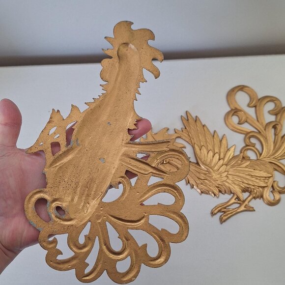 Vintage Gold Rooster Wall Art - MCM Fighting Chicken Bird Set faux brass - Picture 3 of 3
